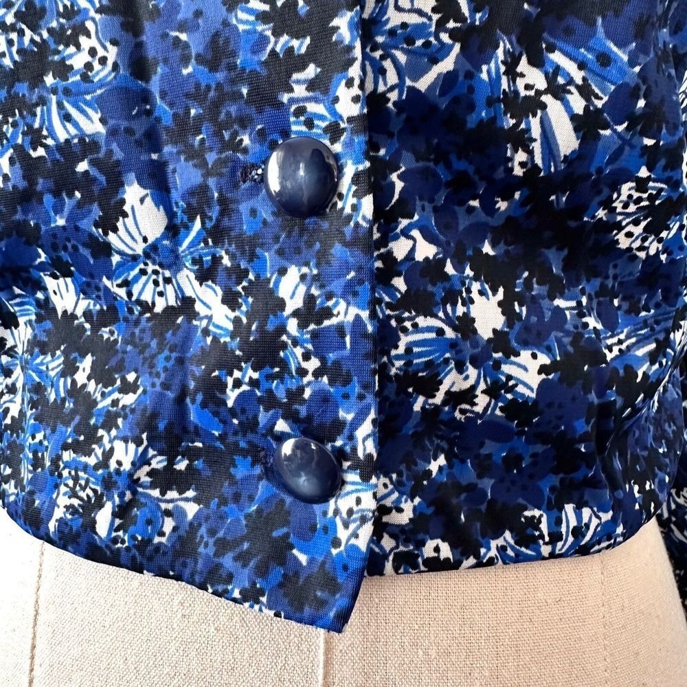 Vintage 80s Blue Floral Cropped Shacket Pearl Buttons Granny Chic Jacket Large - Picture 4 of 8